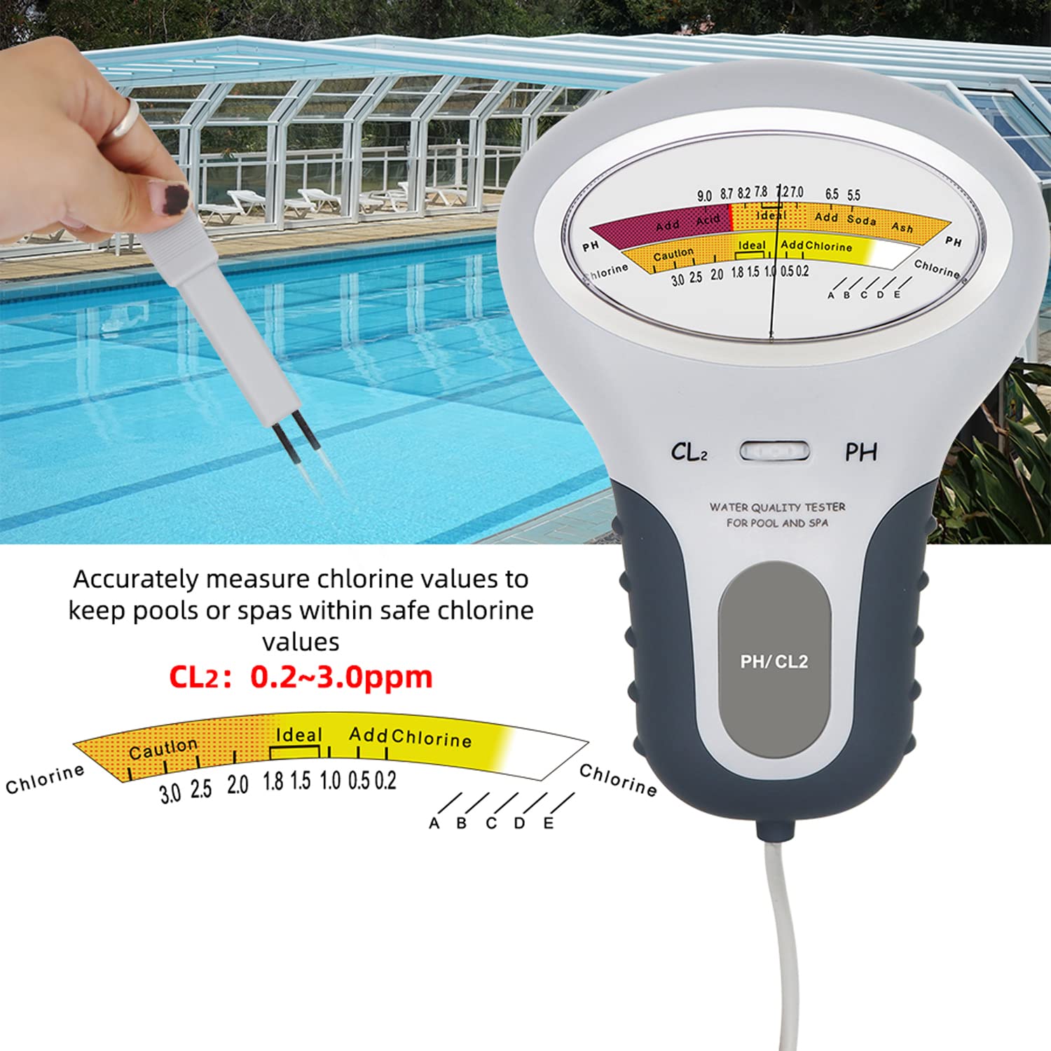 Tester chloru i pH ręczny zestaw – cyfrowy monitor jakości wody do wody pitnej, basenu, spa, jacuzzi - dokładny wykrywacz chemiczny CL2