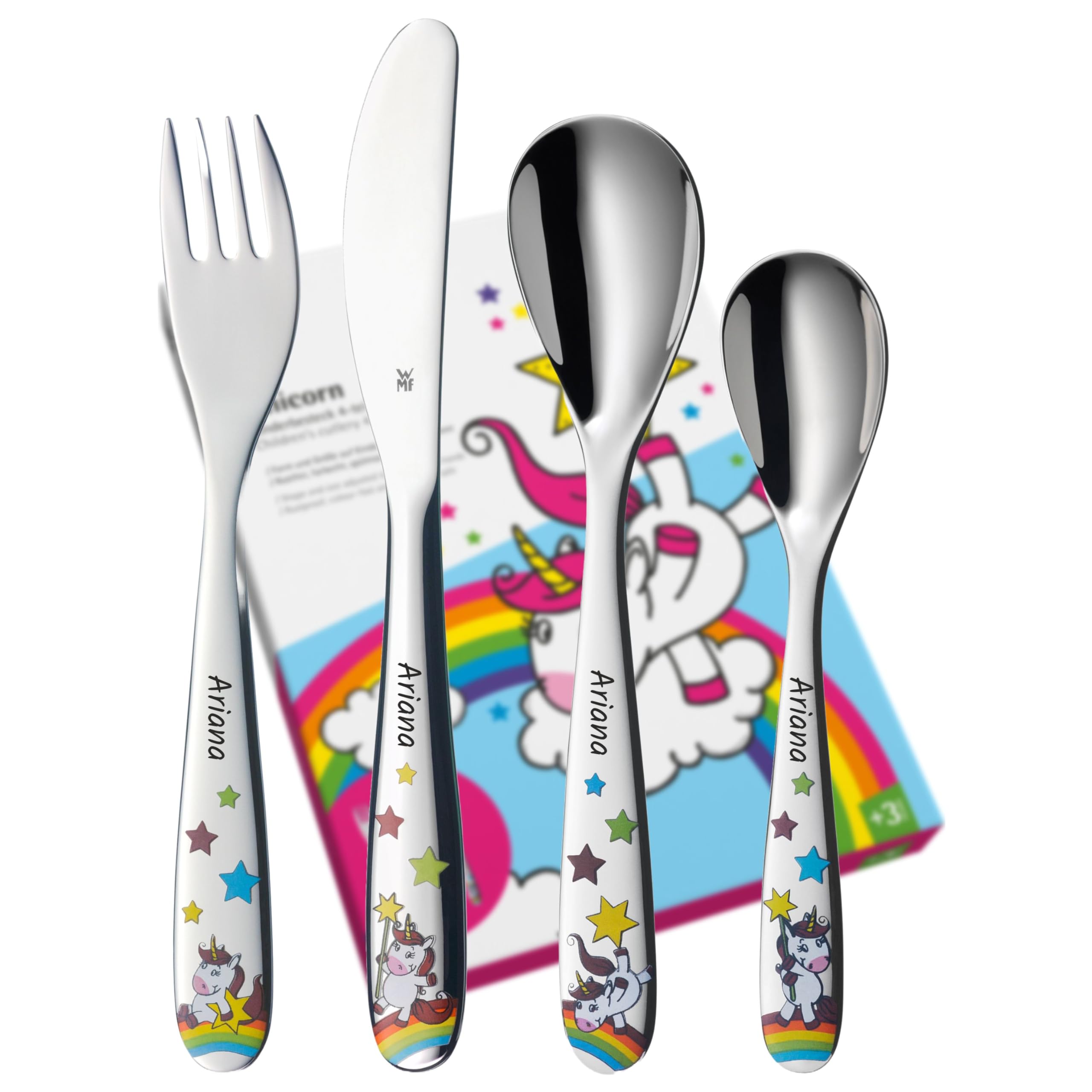 Posate per bambini WMF unicorno con incisione – set di posate da 4 pezzi in acciaio inox – regalo personalizzato per battesimo, nascita o per i più piccoli