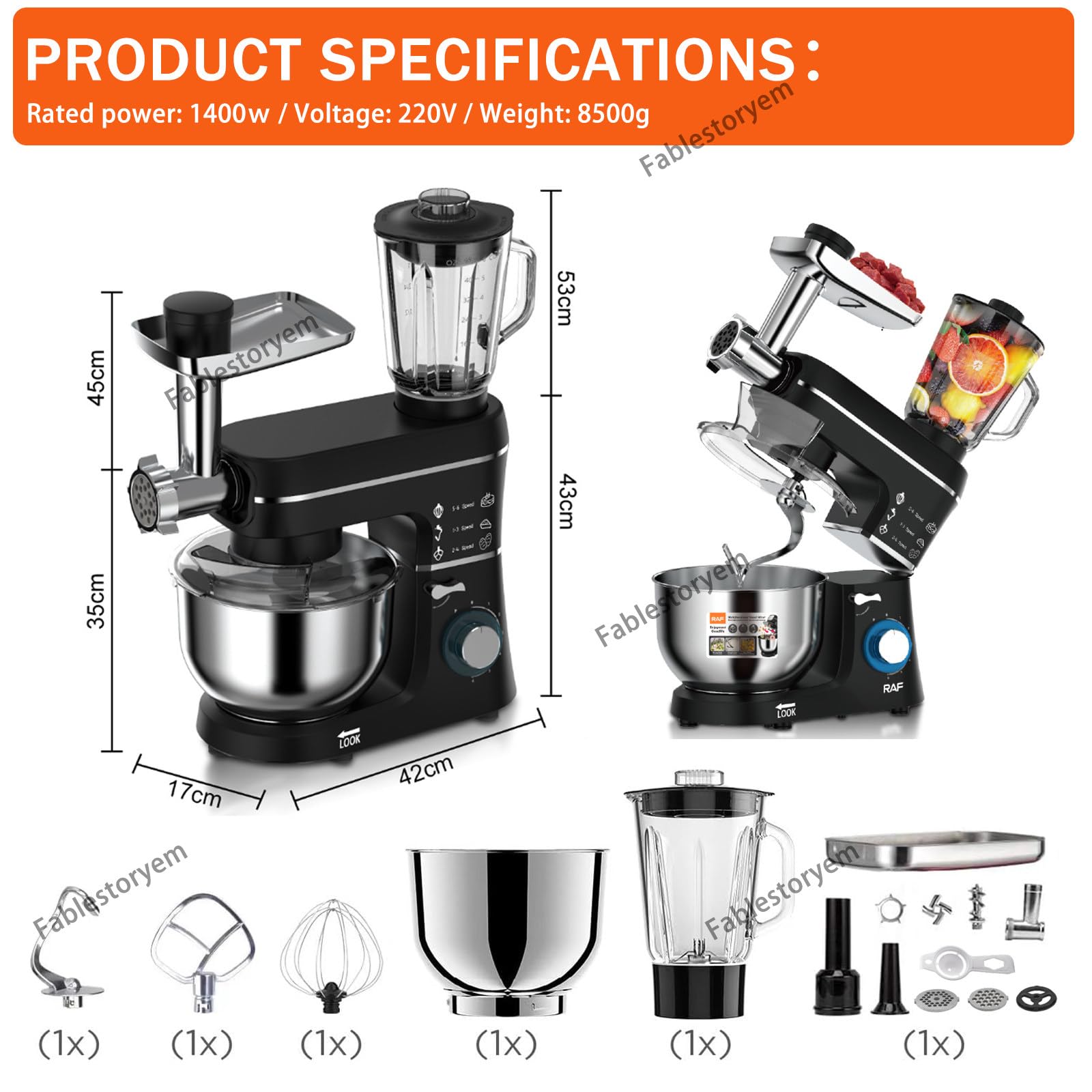 Machine de Cuisine Universelle 5 en 1 | avec Système de Battement Planétaire | Multifonctionnelle avec Hachoir à Viande | Presse-Agrumes de 1,5 L | Bol en Acier Inoxydable de 10 L,Black