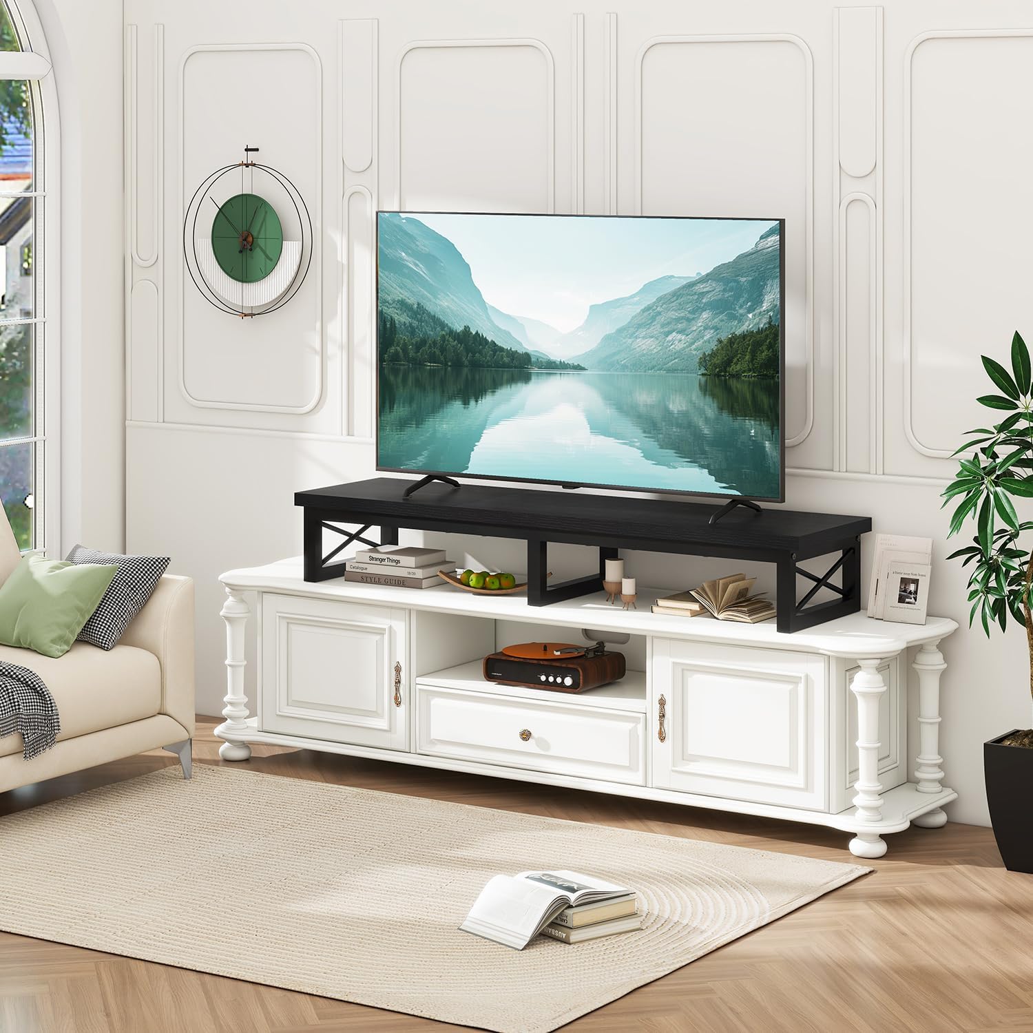 IBUYKE 45" Large TV Riser for 32-60 inch TV,Tabletop Short TV Stand with Storage and Steel Legs,Dual Screen Office Desk,Stand Riser,TV Riser Stand for Home,Bedroom,Living Room,Black TVT002B