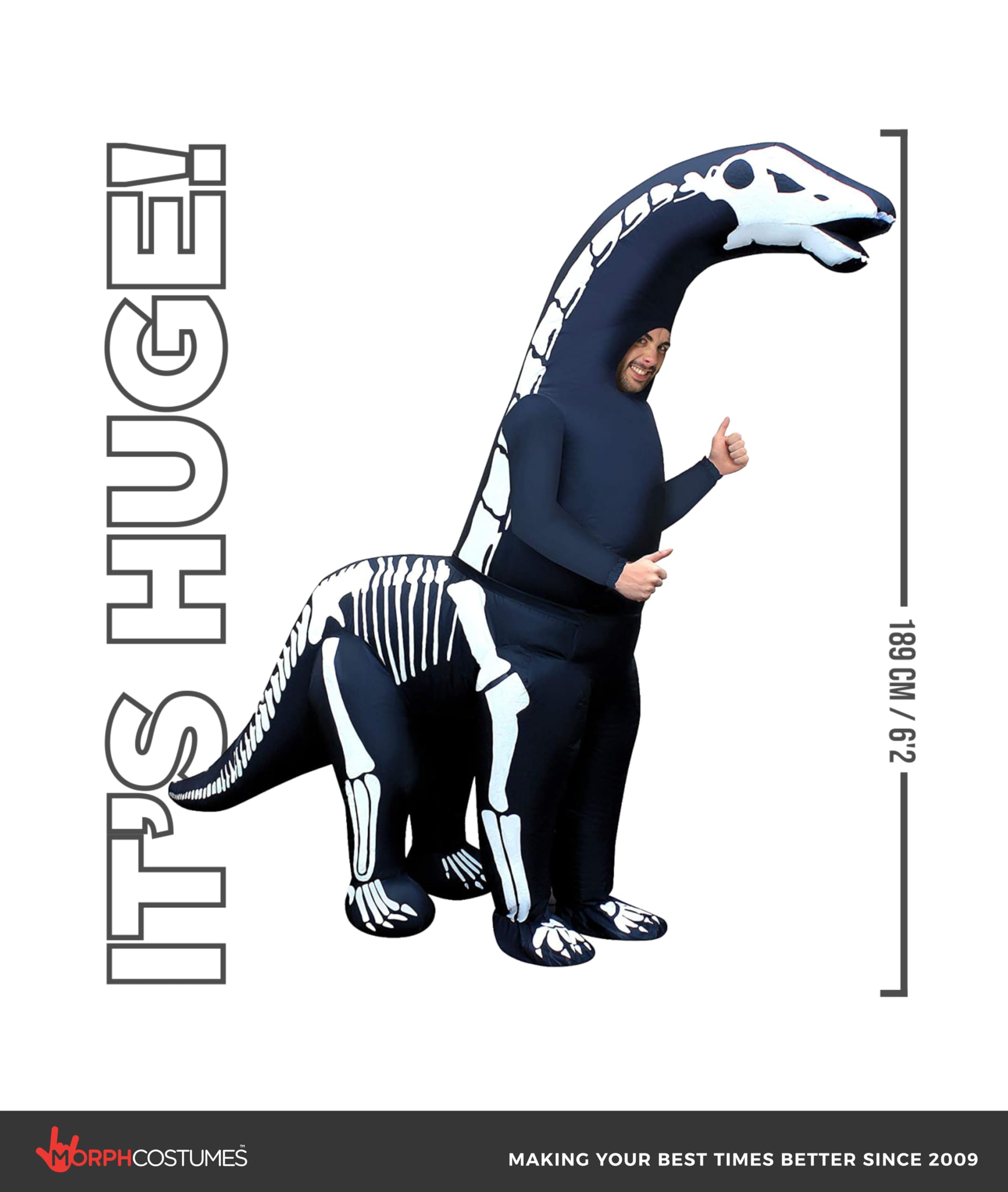 Morph Diplodocus Aufblasbar Kostüm Erwachsene, Halloween Kostüm Schwarz | Aufblasanzug mit Ventilator & langem Hals, Schwarzes Dino-Design, Bläst in 60 Sek auf, Perfekt für Halloween, Immer ein Hit