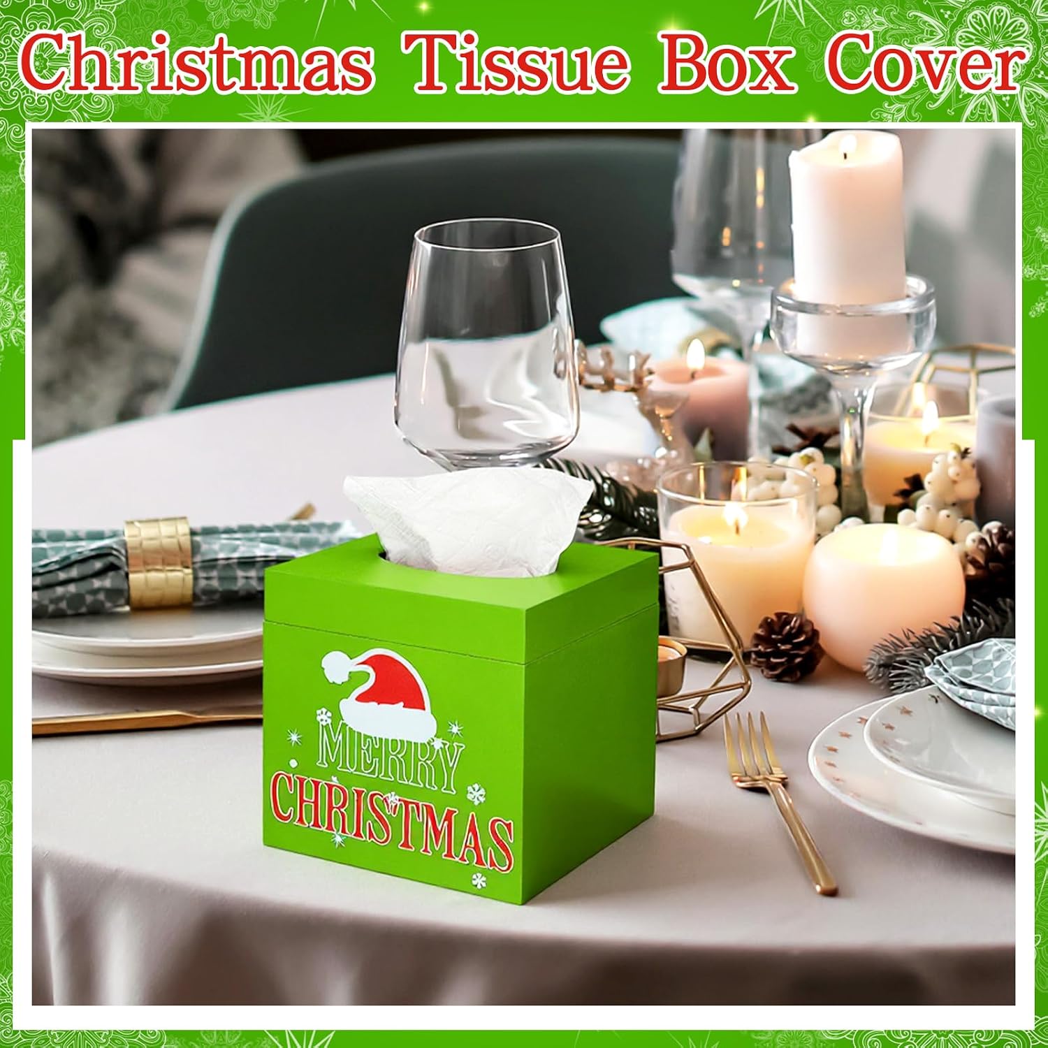 Yookeer Christmas Lime Green Tissue Box Cover Square Wooden Decorative Tissue Box Holder Cube Organizer for Home Tabletop Night Stands Bathroom Kitchen Car Desk Office Decor, 5.9 x 5.9 x 5.9 Inches image 3