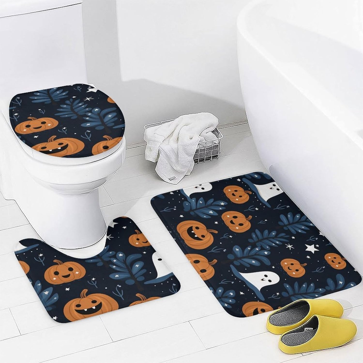 Four Piece Bathroom Set with Toilet Lid Cover and Non-Slip Rugs Minimalist Shower Curtain for Bathroom Set