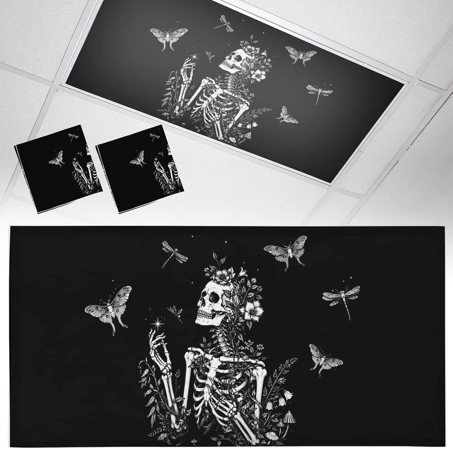Halloween 2 Pack Fluorescent Light Cover 4x2 Feet, Horror Skeleton Skull Butterfly Floral Black Lights Filters Drop Fluorescent Lights Cloth Shade, Magnetic Ceiling Light Cover for Classroom Office