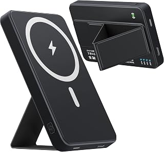 Magnetic Wireless Power Bank, Ultra-Thin 5000mAh Portable Charger Power Bank with Foldable Stand, Mag-Safe Battery Pack 5V/3A USB-C Output Input for iPhone 14/13/12 Series