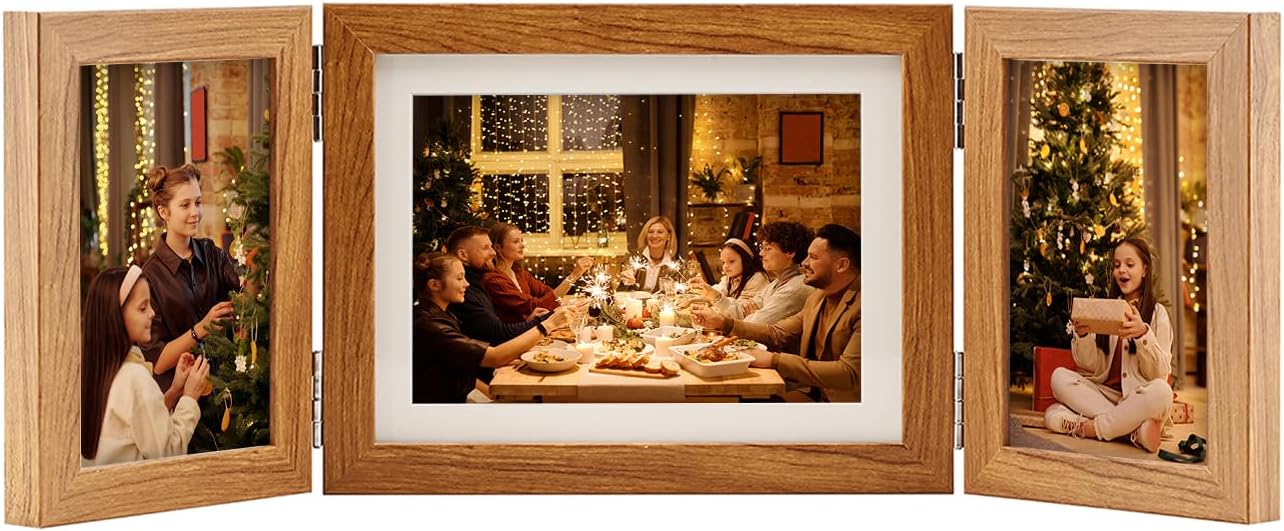 Hinged Tri-Fold Picture Frame, Tempered Glass, for Tabletop Display or Wall Mounted, Fits Two 4x6 & One 6x8 (5x7 with mat) Photos, Rustic Brown, For Family Photos & Wedding Memories-Z467546