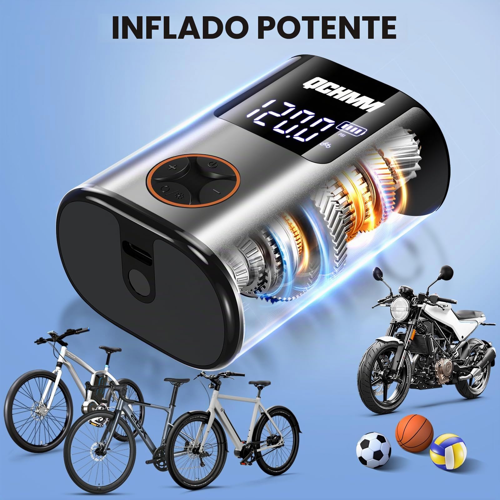 Bomba de bicicleta eléctrica, mini bomba de aire eléctrica para bicicleta, bomba de aire con manómetro para válvulas Schrader y Presta, bomba de aire de batería de 120 psi, unidades PSI/bar, apagado
