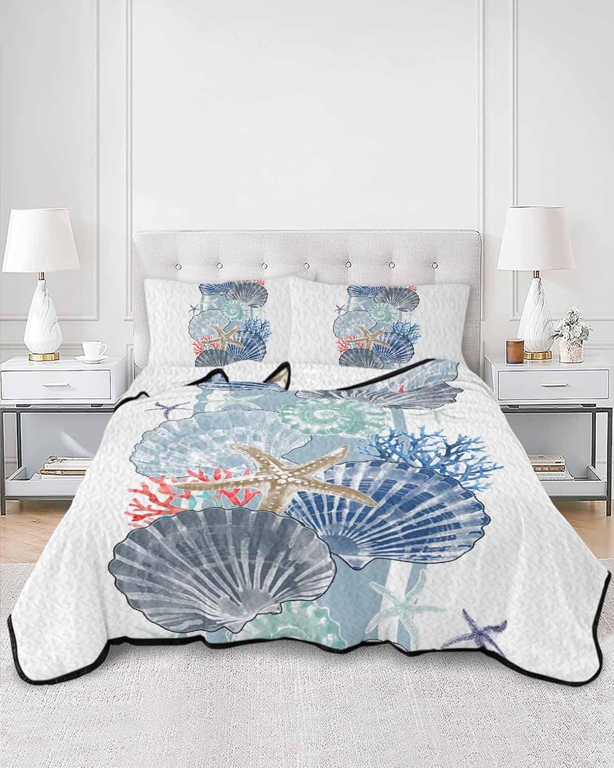 Full Size Quilt Set, Ocean Shells Starfish Coral Lightweight Bedspread Coverlet Set Soft Microfiber Summer Quilt with 2 Pillow Shams, Watercolor Marine Life 3 Piece Comforter Bedding Set