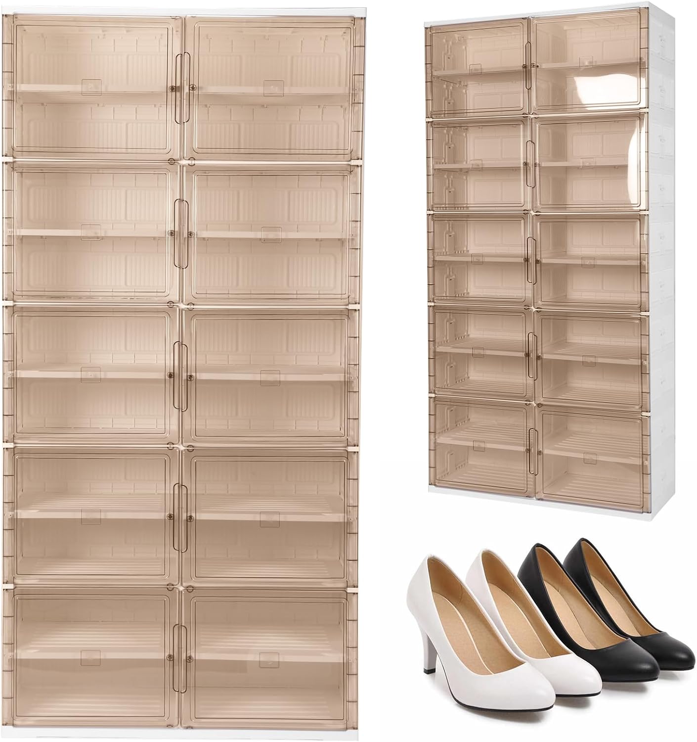 10 Tiers 40 Pairs Foldable Shoe Rack Organizer with Clear Door Collapsible Shoe Storage Box Plastic Shoe Cabinet for Entryway & Closet