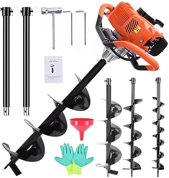 72cc Post Hole Digger, Gas Powered Digger with 2 Extension Rods(24'' &24'') + 3 Auger Drill Bits(3'' &5'' &8''), Earth Auger Post Fence Hole Digger for Farm Garden Plant