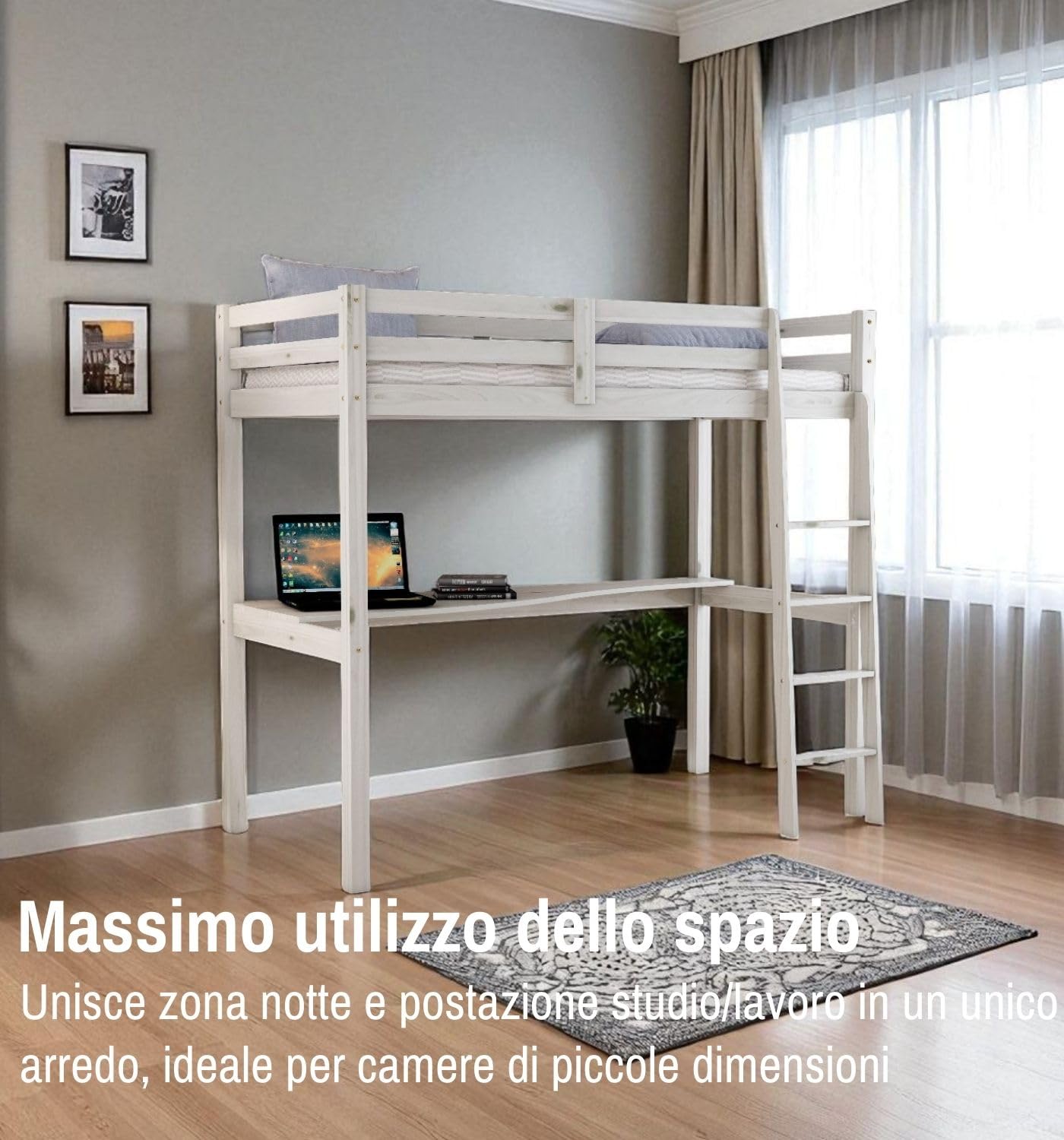 Arredo Stock Letto singolo a soppalco con scrivania inclusa, 90x190x176 cm (Bianco naturale)