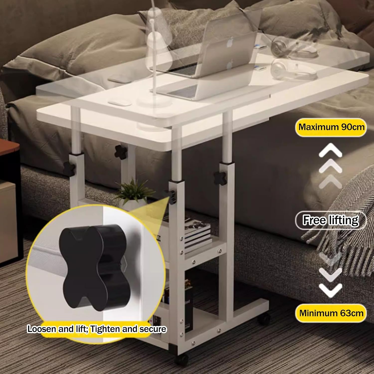 JKGHK Overbed Table with Lockable Wheels, 2/3-Tier Storage, Height-Adjustable Medical Rolling Workstation, C-Shaped Mobile Laptop Desk for Home, Office, Bedroom(Natural A,60cm/23.6in)