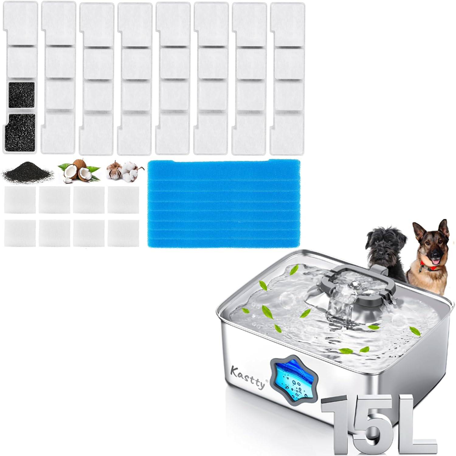 Kastty 15L Stainless Steel Dog Water Fountain and 8pcs Pet Fountain Filters Replacement Set, FS81 & L05