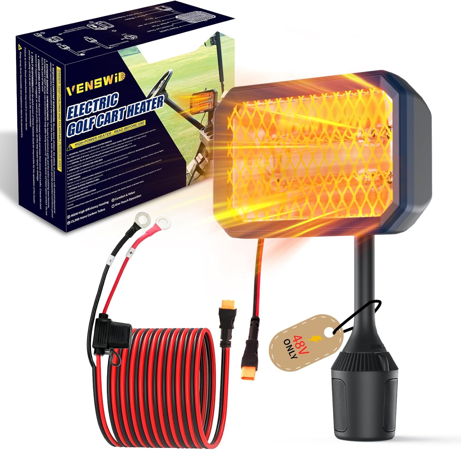 Electric Golf Cart Heater with Mid-Cable Quick-Disconnect, 400W Safe & Fast Silent Carbon Fiber Heating, Heater with 360° Rotatable Head, Compatible with Club Car/Yamaha/EZGO, Golf Cart Accessories