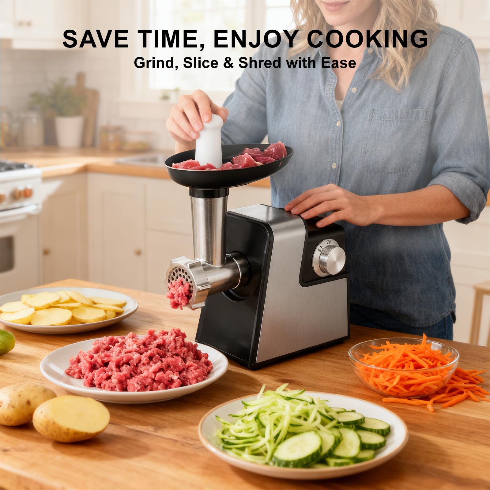 Tritacarne elettrico, insaccatrice per salsicce, inossidabile 2800 W max e tritatutto per verdure, 3 piastre di macinatura, taglierina per verdure con 5 lame affettatrici e kit Kubbe