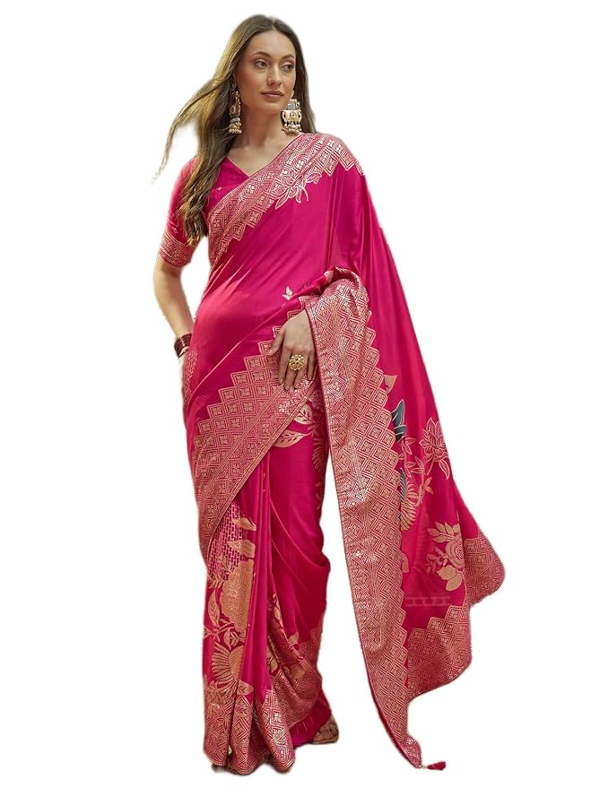 Satrani Women's Silk Zari Weaving Saree with Unstitched Blouse Piece