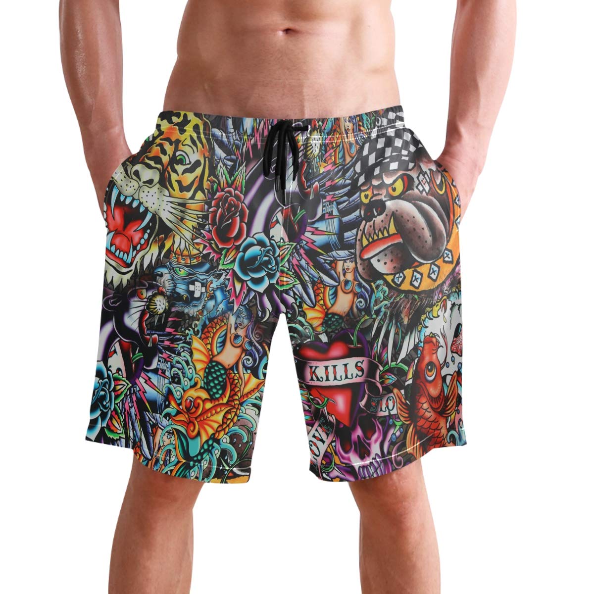 visesunny Men's Cool Mermaid Rose Tiger Dog Tattoo Swimtrunks Casual Hawaiian Mesh Lining Beach Board Shorts with Pockets