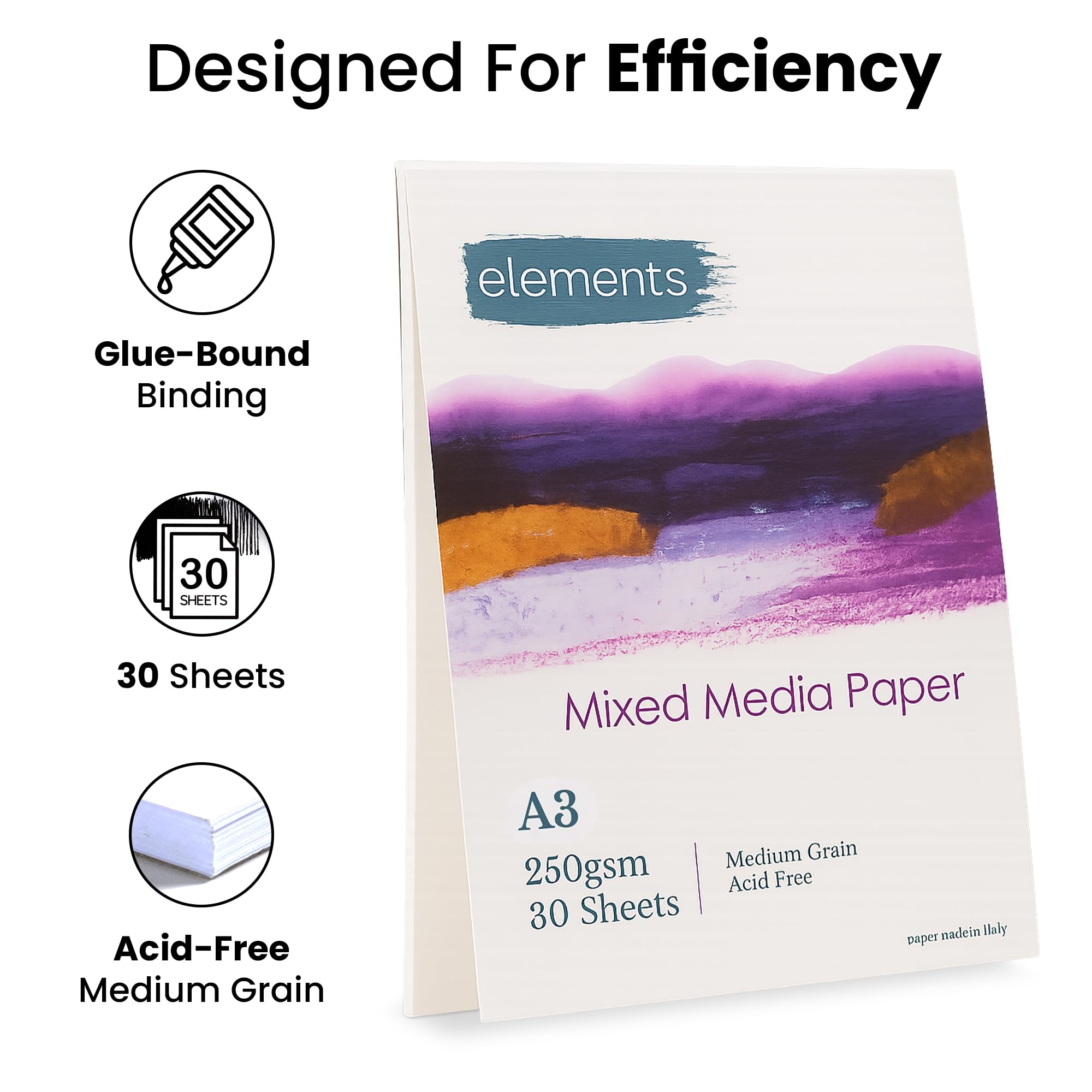 Elements Bloc de papel A3 para artistas, prensado en frío (250 g/m²), sin ácidos, 30 hojas para pintar, dibujar, bocetos, A3