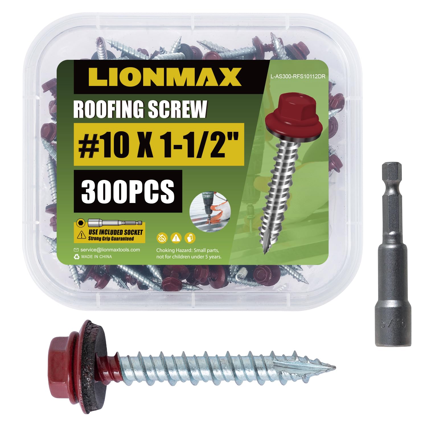LIONMAX Metal Roofing Screws #10 × 1-1/2 Inch, 300-PCS, Dark Red Painted Hex Head Sheet Metal Roof Screws, Rubber Washer, Sharp Point, Metal to Wood Siding Screws, Hex Socket Included