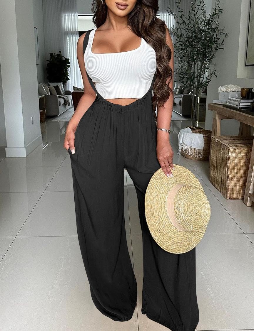 Nimsruc Womens Jumpsuit Casual Loose Sleeveless Adjustable Spaghetti Straps Wide Leg Pants Baggy Overalls With Pockets