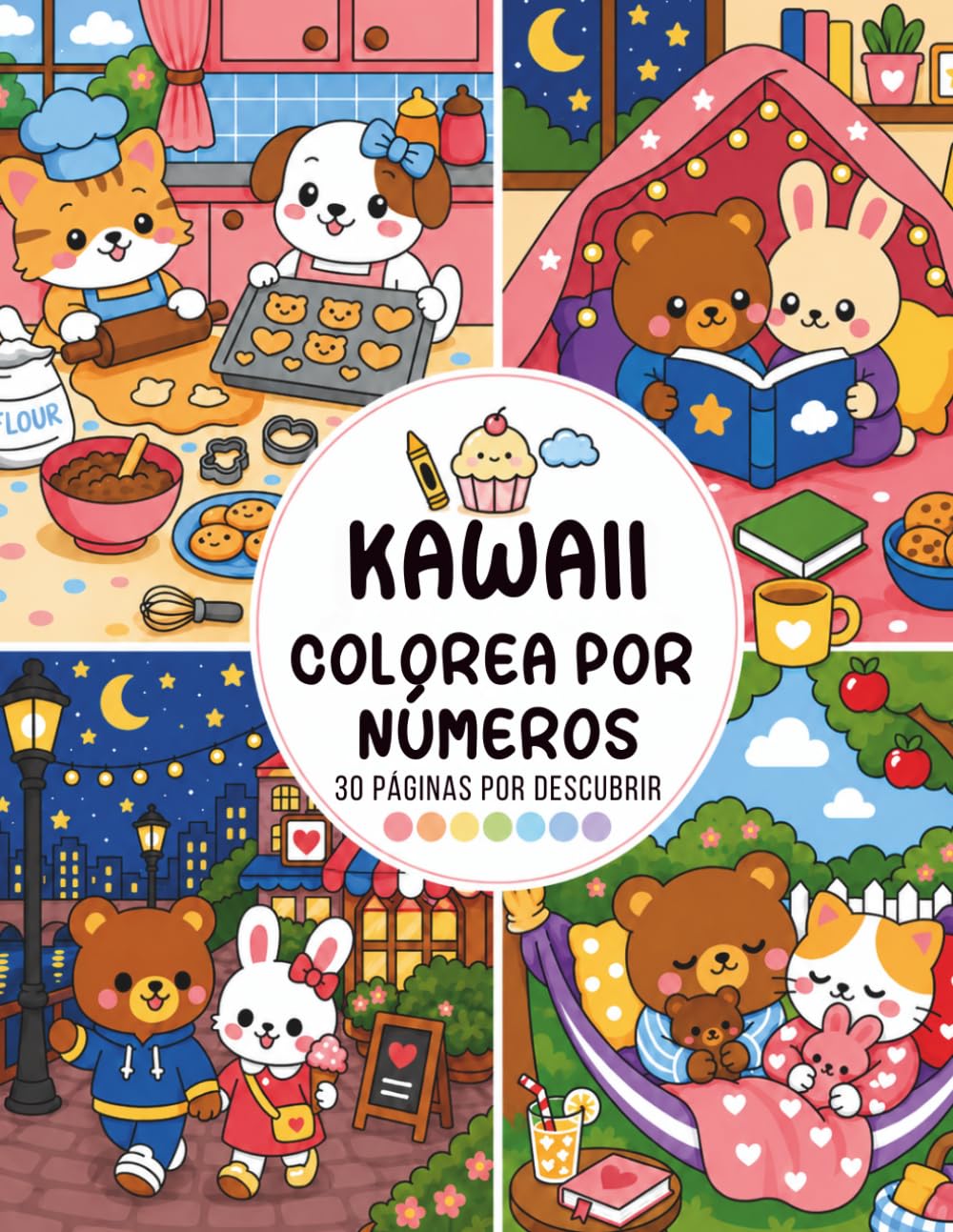 Colorear por números – Kawaii: Libro de colorear antiestrés con 30 dibujos numerados adorables, animales tiernos y escenas cozy
