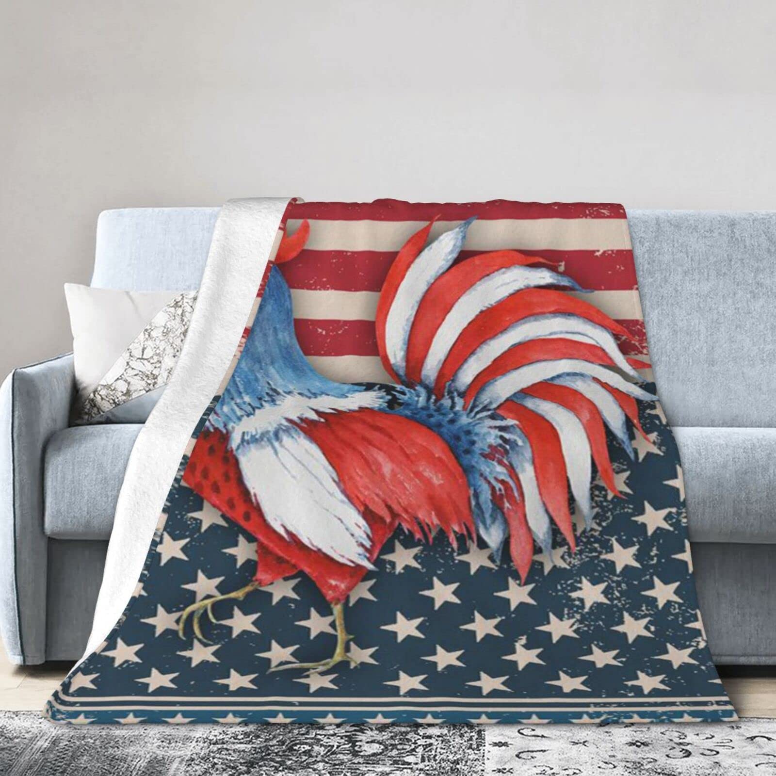 Lsjuee Flannel Fleece Blanket 50"X40" Rooster American Us Sofa Throw Blanket Weighted Ultra-Soft Travel Winter Blankets for Couple Keep Warm