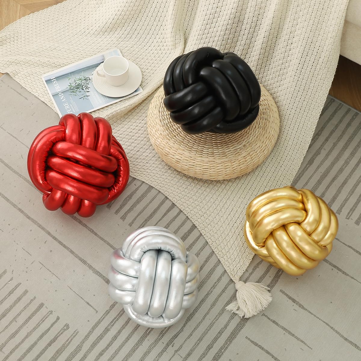 Gold Knot Pillow Ball 8" Decorative Pillows Round Sphere Throw Pillow for Couch Knotted Pillow for Christmas Handmade Knot Pillow Ball for Home Room Sofa Couch Bed