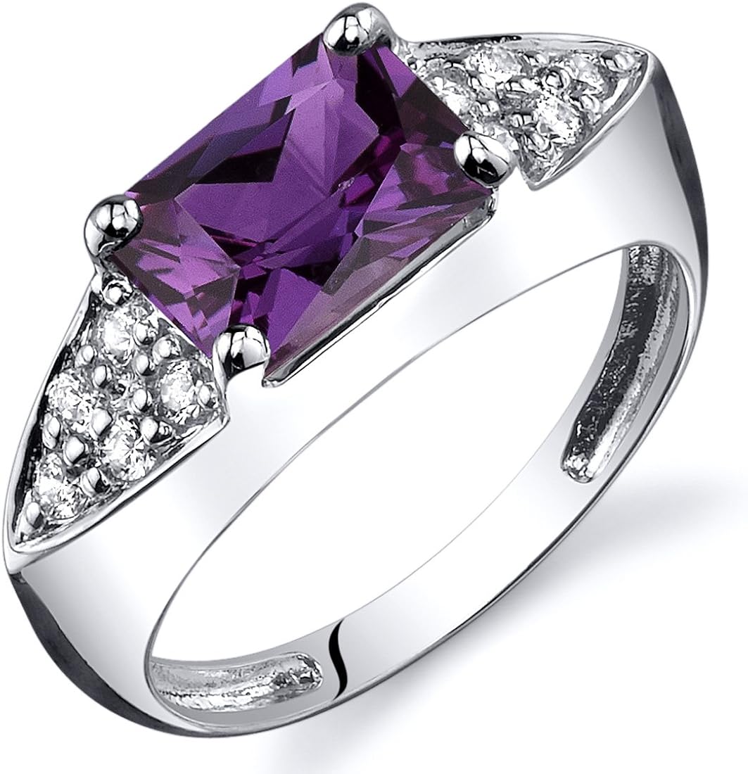 Peora Simulated Alexandrite Statement Ring in Sterling Silver, Elegant Linear Design, Radiant Cut, 8x6mm, 2 Carats, Comfort Fit, Sizes 5 to 9: Clothing, Shoes & Jewelry