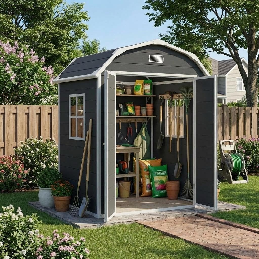 Resin Outdoor Storage Shed with Floor, 6x4.5 ft,Heavy-Duty Plastic Garden Shed with Secure Lockable Door, Weather-Resistant Storage Solution for Patio Furniture, Garden Tools, Bike Accessories