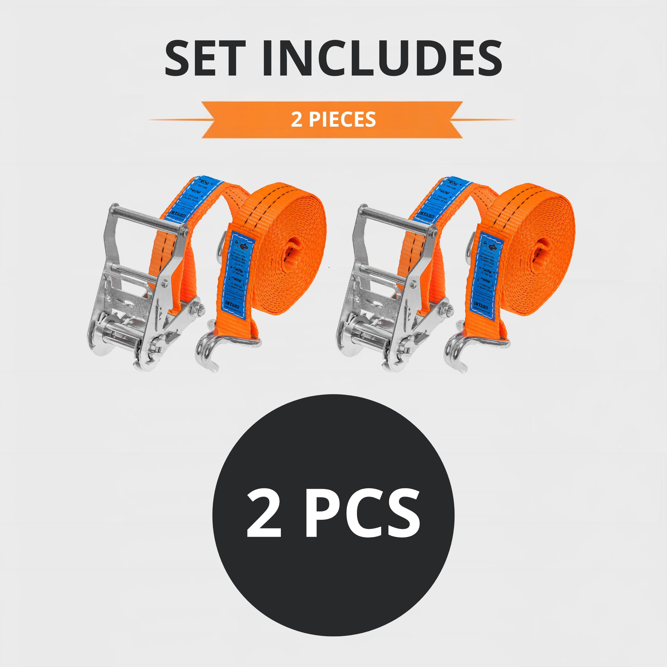 INTAKO Cinchas de Amarre con Carraca – 4m / 6m x 2000kg x 35mm – 2/10 Piezas – Eslingas con Carraca – Cinta de Amarre con Trinquete – Tensor de Cinchas para Auto y Moto (Naranja, 4m (2 Pezzi))