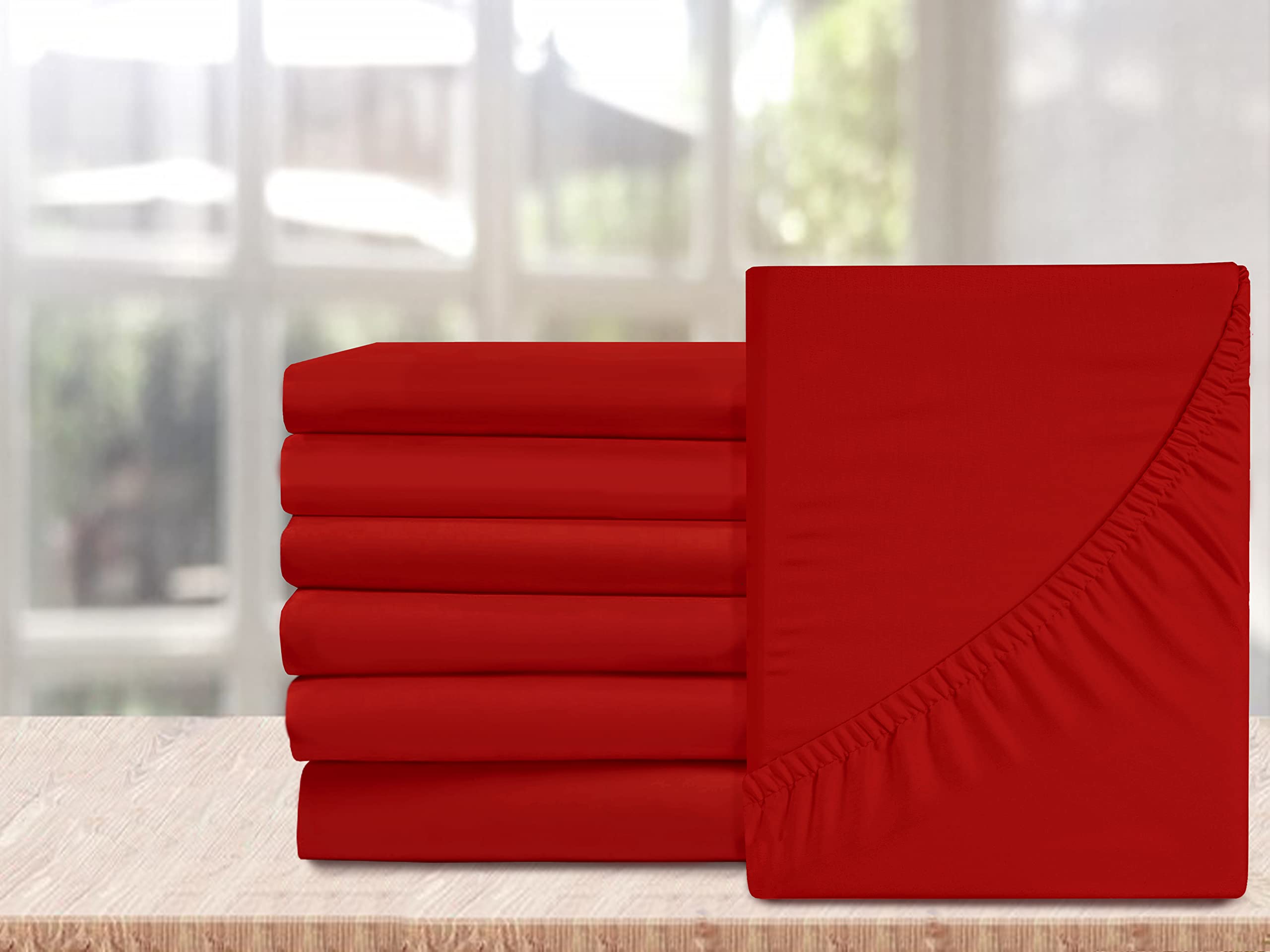 Elegant Comfort 6-pak prześcieradeł z gumką, gęstość splotu 1500 premium, głęboka kieszeń, bez zagnieceń, odporne na plamy i blaknięcie, boczne kieszenie do przechowywania, 6-pak Fitted-King, czerwone