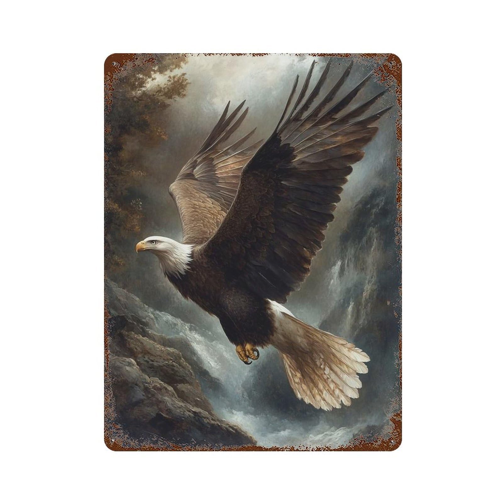 Garage Style Bald Eagle in Flight Rust Effect Tin Sign 15.7"x11.8", Industrial Home Decor for Bar And Workshop