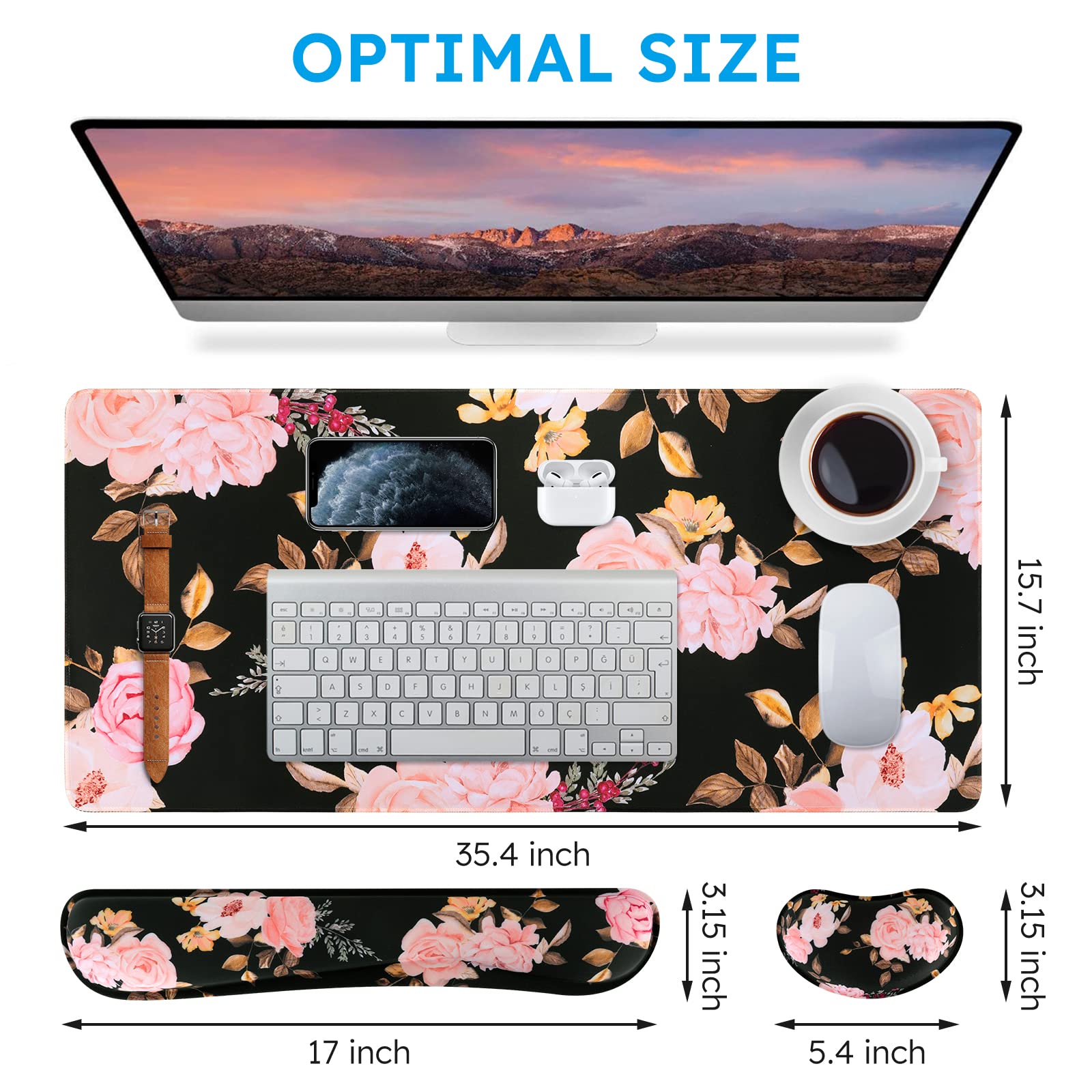 iCasso Lot de 3 tapis de souris pour clavier, tapis de souris de jeu étendu + repose-poignet pour clavier, mousse à mémoire de forme, soulagement de la douleur à la saisie facile, grand tapis de