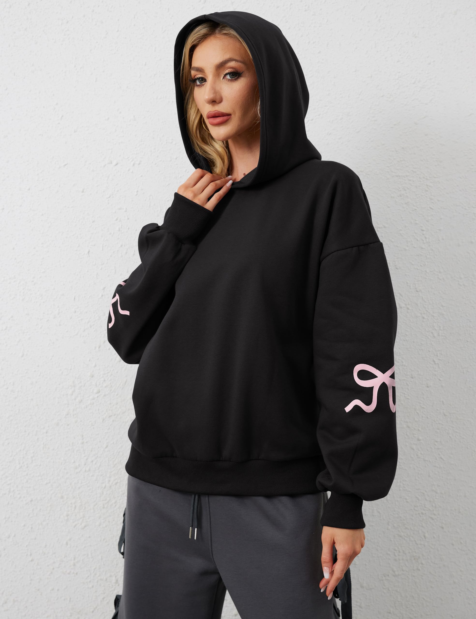 Felpe con cappuccio da donna con stampa a fiocco in pile oversize felpe con cappuccio a maniche lunghe carino grafica spalla goccia pullover top