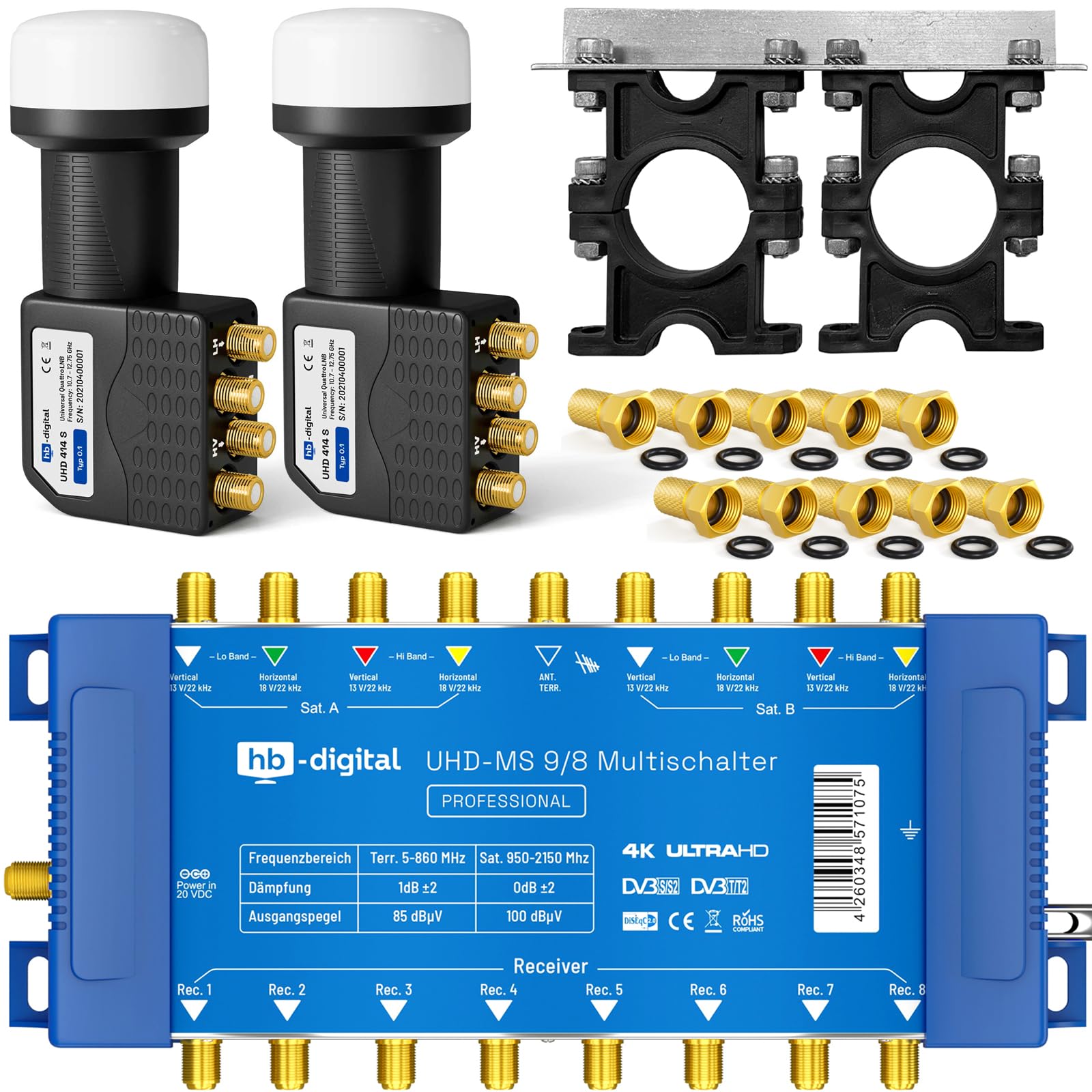 UHD Quattro LNB y conmutador múltiple pmse HB digital para Full HDTV 3D 4 K UHD con fuente de alimentación, incluye conector F dorado
