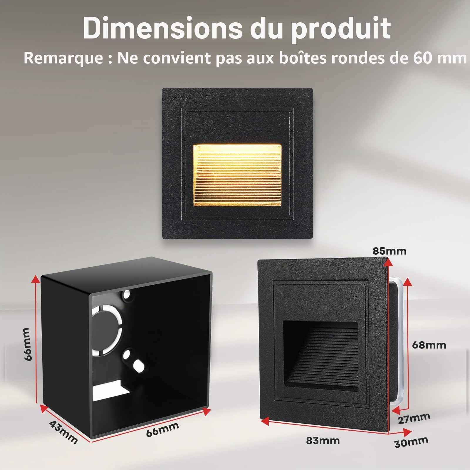 VivaLet 8 Pièces LED Escalier 3W 300LM, Lampe D'escalier 230V 3000K, Eclairage Escalier Exterieur/Intérieure IP65, Boîtes Encastrable 68mm, 85 X 85mm, Applique Murale LED Encastrée Aluminium Noir