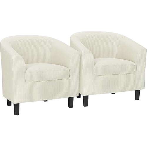 Yaheetech Corduroy Barrel Chairs Set of 2, Upholstered Club Chairs, Round Armchairs Waiting Room Chairs with Soft Cushion for Living Room Bedroom Reading Room, Beige