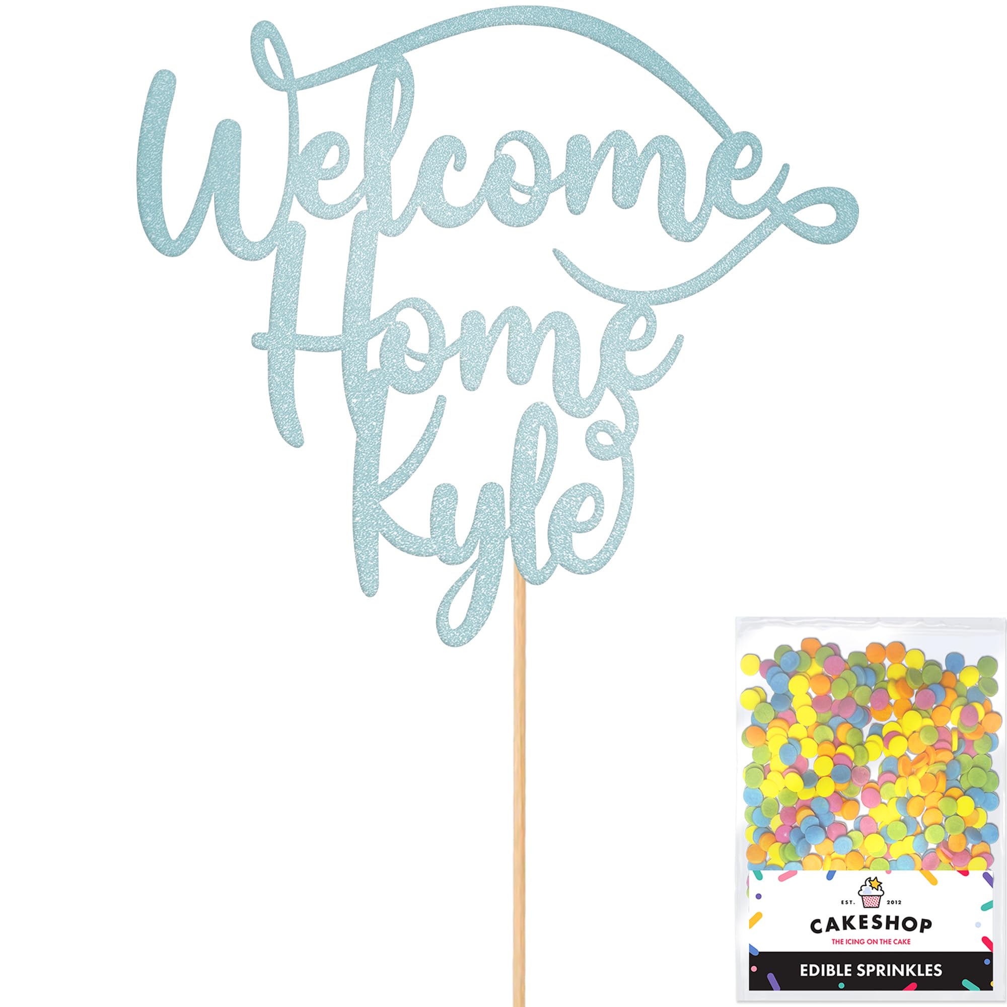 Cakeshop Personalised Welcome Home Glitter Cake Topper With Sprinkles - Light Blue Custom Colour - Any Name - Double-Sided Glitter Card Cake Decoration - Custom Toppers for Cakes
