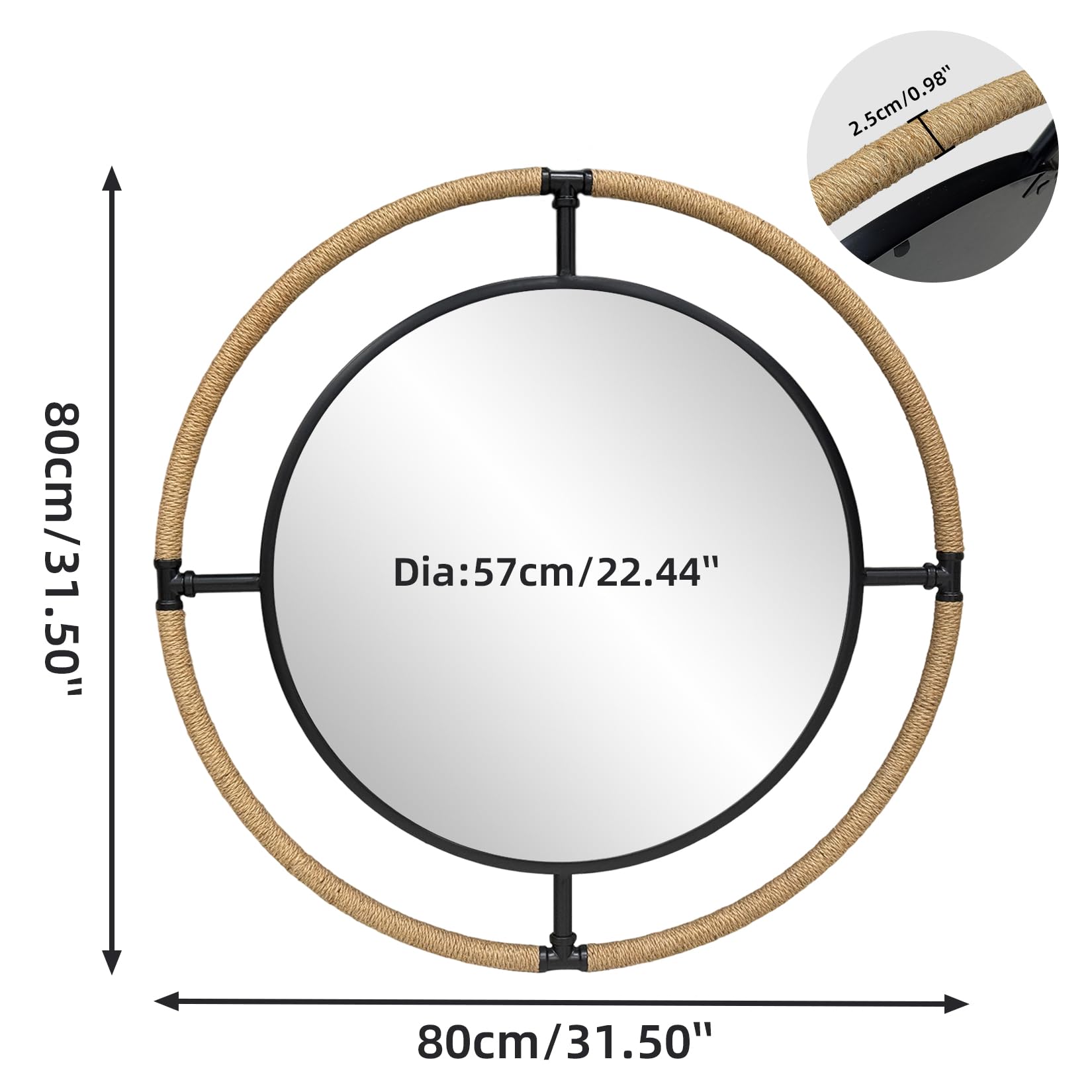 Espejo Recibidor Redondo 80x80cm, Espejos Decorativos de Pared con Cuerda de Yute Natural para Dormitorio y Salón, Espejo Baño con Marco de Hierro Antihumedad, Elegante con Diseño