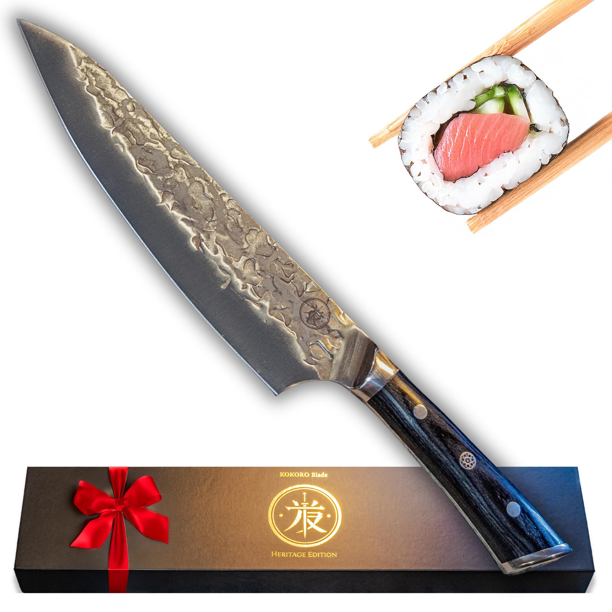 8” Japanese Chef Knife – Professional Razor Sharp Kitchen Knife, Hand Made, Hammer Forged from Japanese Stainless Steel, KuroWood Handle, Premium Cooking Gift for Chefs & Home Cooks