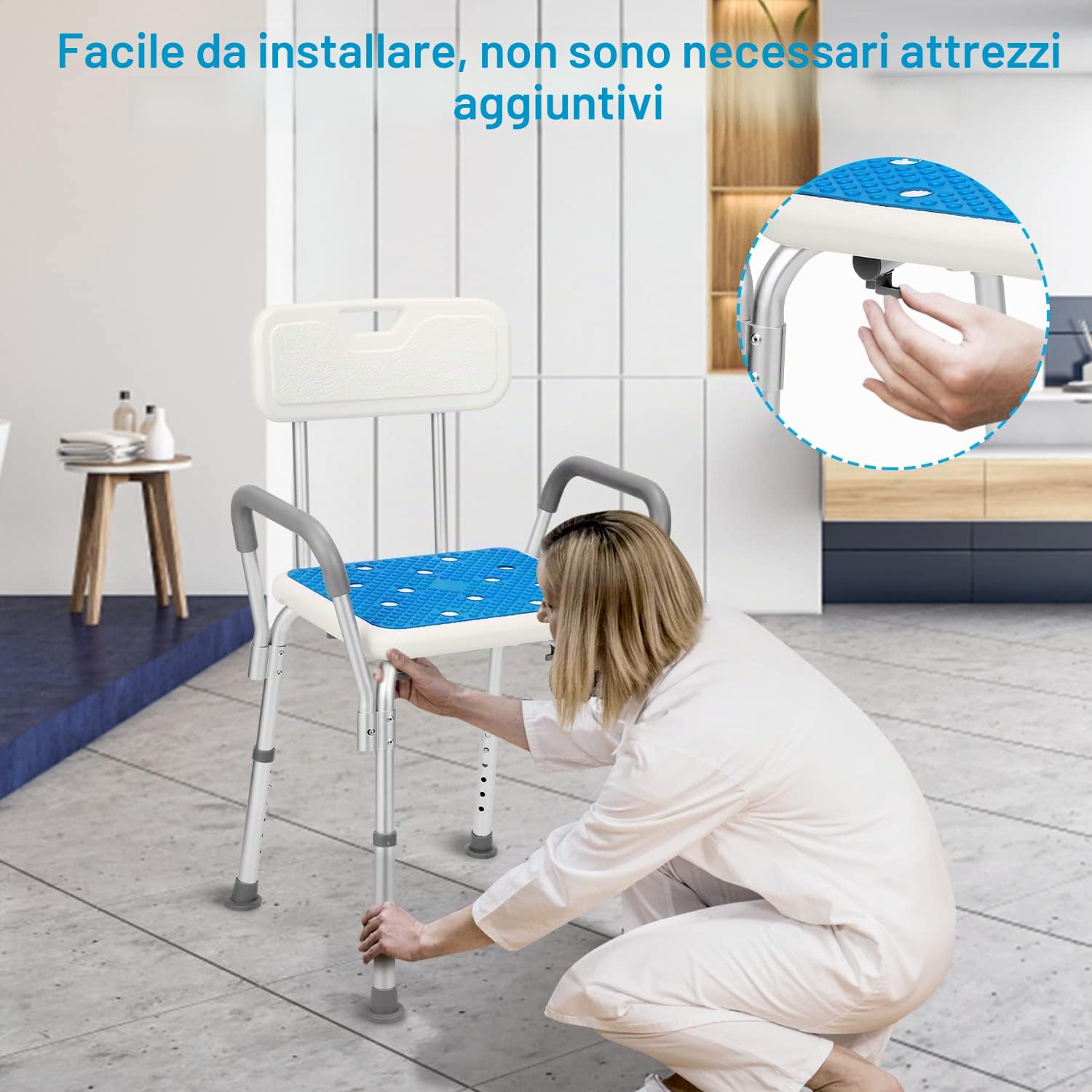 Sgabello da doccia con bracciolo, schienale, antiscivolo, per il bagno e per la doccia, regolabile in altezza, 41-53,5 cm, fino a 136 kg, per anziani e donne incinte (M1-GGP8887c)