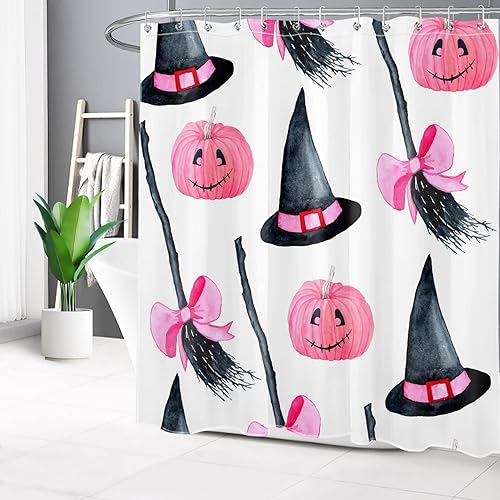 Miniatura 2 de LB Cortina de ducha de calabaza rosa de Halloween, sombrero de bruja mágica negra y escoba sobre cortina de ducha blanca para baño, tela de