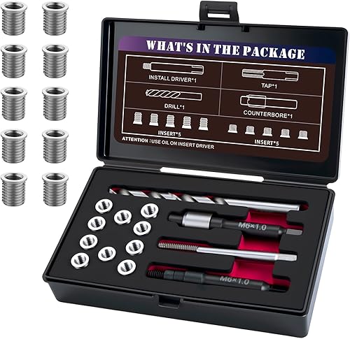 Kit de reparación de rosca M6X1.0 con taladro HSS de inserción de 0.370 in, grifo, controlador de instalación, avellanado, inserto de acero
