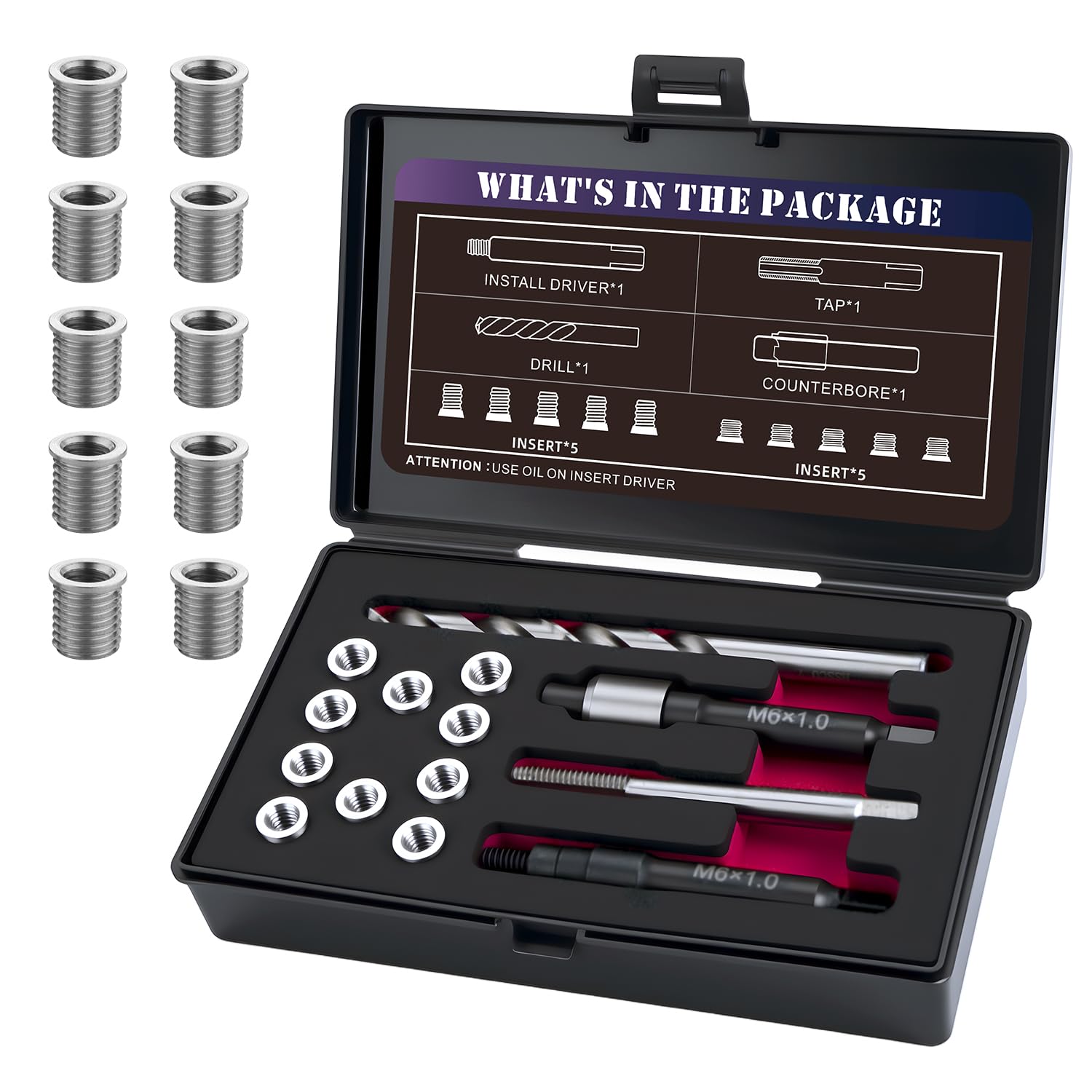 SENNMONN M6X1.0 Thread Repair Kit with 9.4mm Insert HSS Drill, Tap, Installation Driver, Counterbore, Stainless Steel Insert M6X1.0X9.4mmX10 PCS