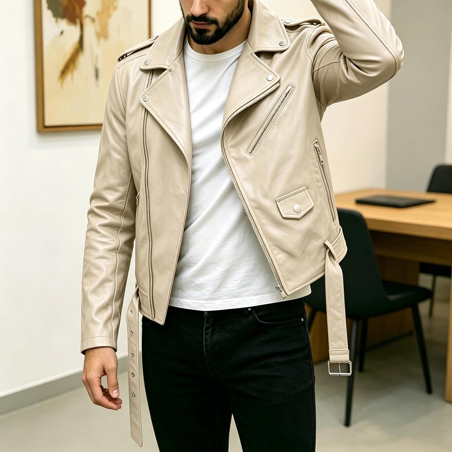 Mens Faux Leather Jacket Long Sleeve Zip Up Lapel Collar Moto Coat Fashion Street Fall Winter Outerwear with Belted