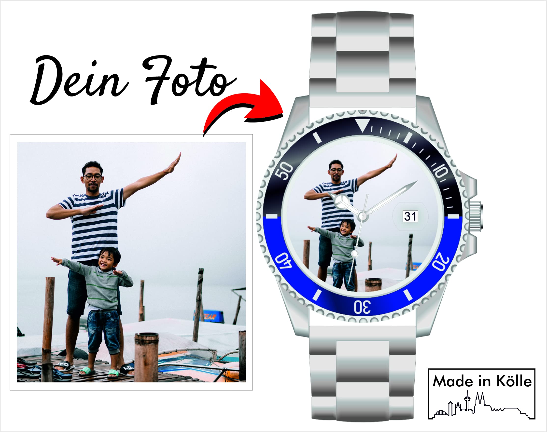 memories Reloj con foto con foto, diámetro de 40 mm, acero inoxidable, pulsera de 3 bares, indicador de fecha, fabricado en Alemania, plata, Pulsera