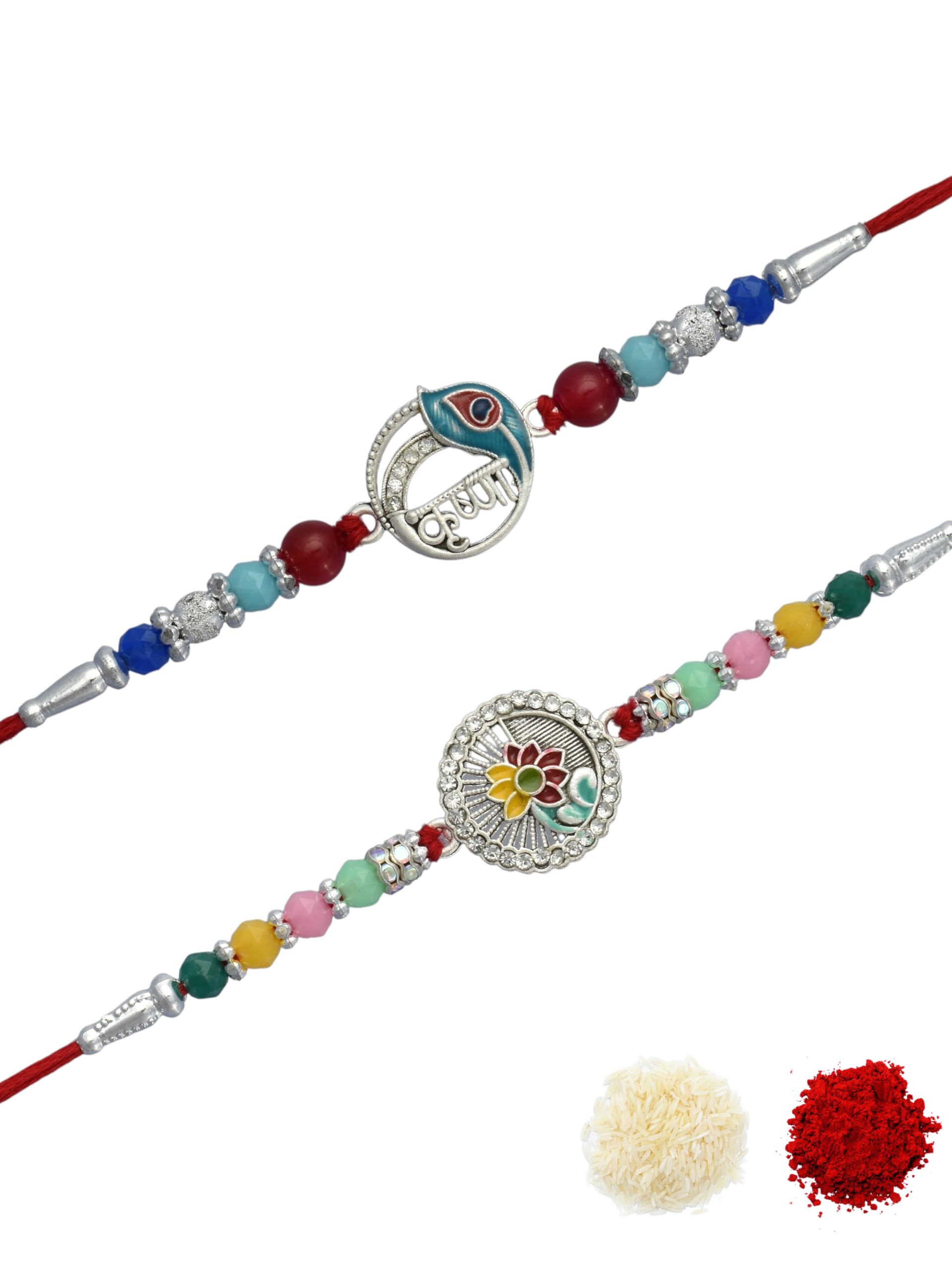 Premium Traditional Silver Plated Combo of 2 Cotton Thread Multi-coloured Beaded Festive Rakhi for Brother, Bhaiya, Bhai, Kids with Roli Chawal and Greeting Card for Raksha Bandhan-27-image-45