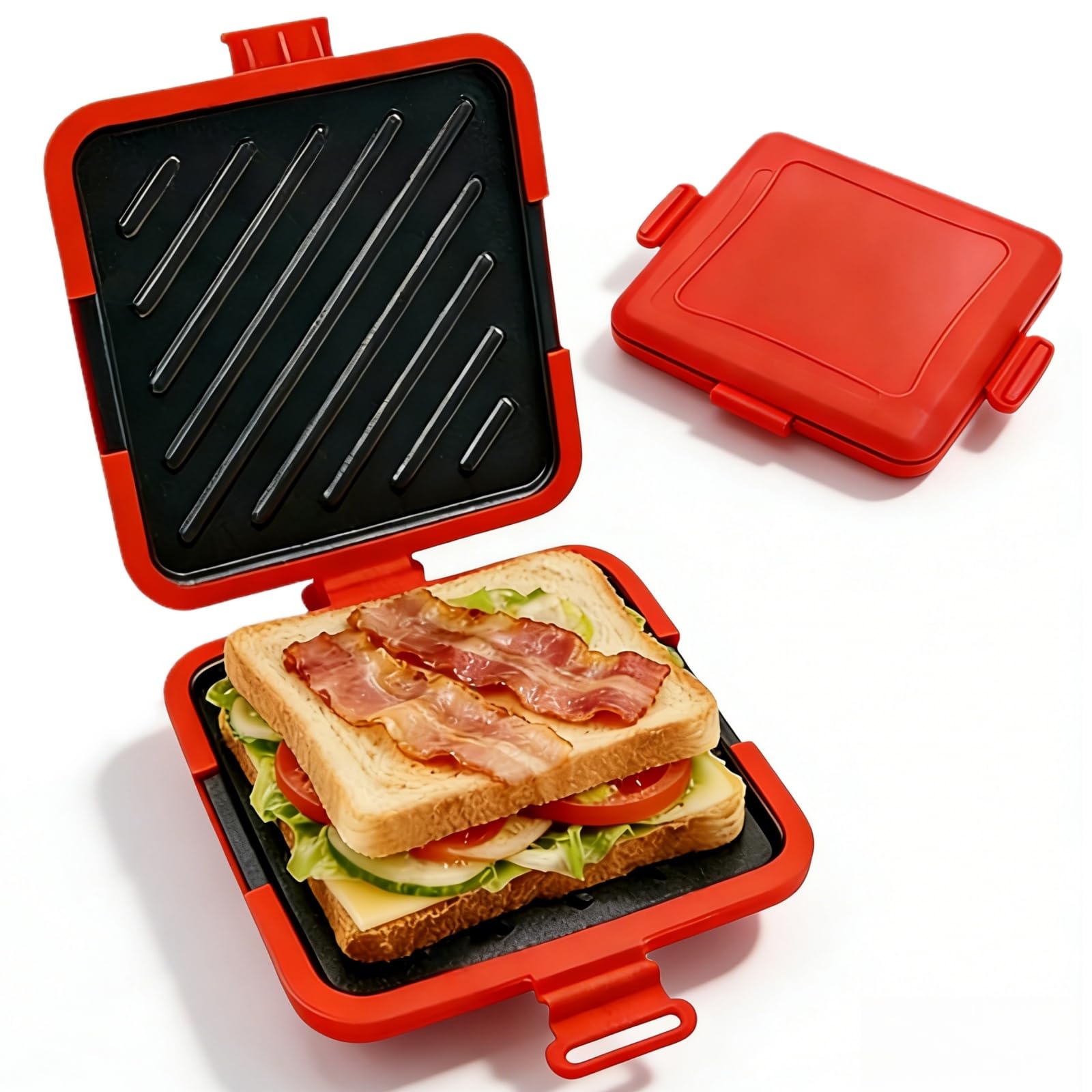 Microwave Toastie Maker, Silicone Sandwich Maker with Removable Non-Stick Grill Plates, Extra Crispy Toasties & Panini Maker, for Travel Friendly/Office/Home, Red