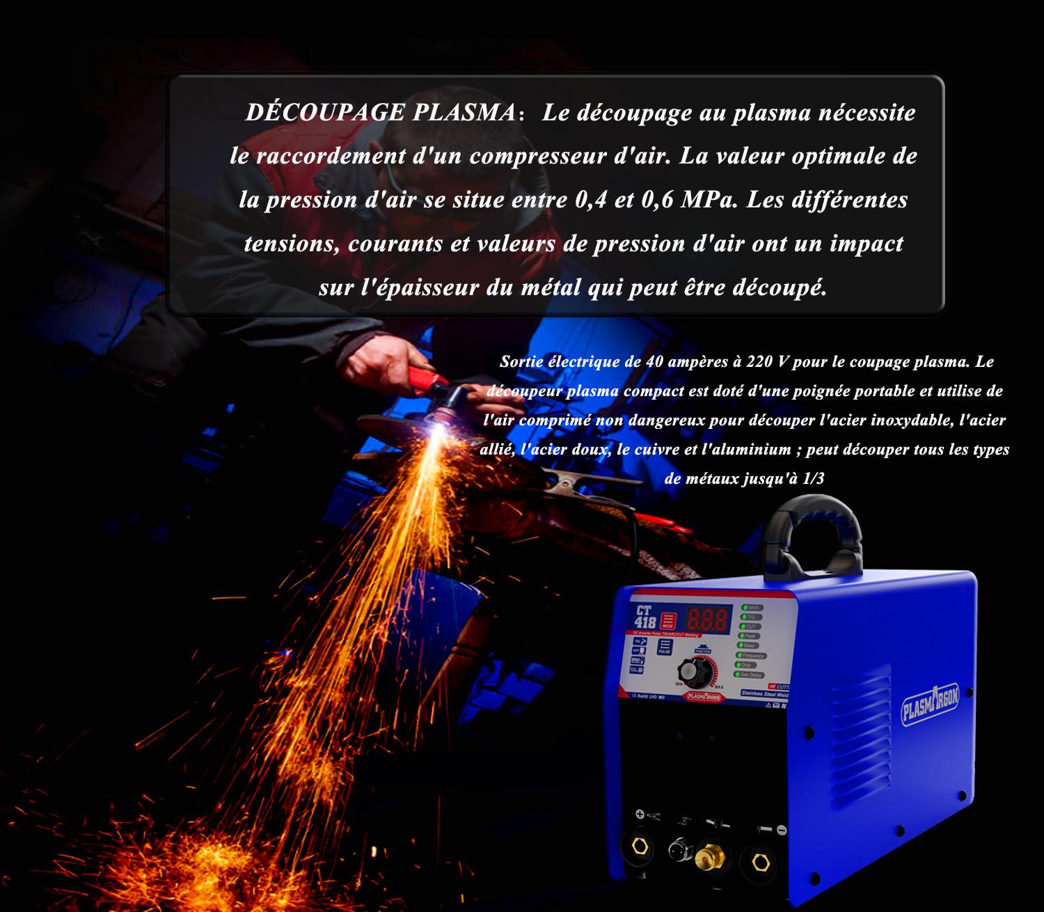Poste à souder 3 en 1 - Découpeur à plasma WIG - Soudeur MMA à onduleur - Combinaison de soudage plasma TIG MMA | IGBT | Affichage LCD numérique | Allumage HF CT418P