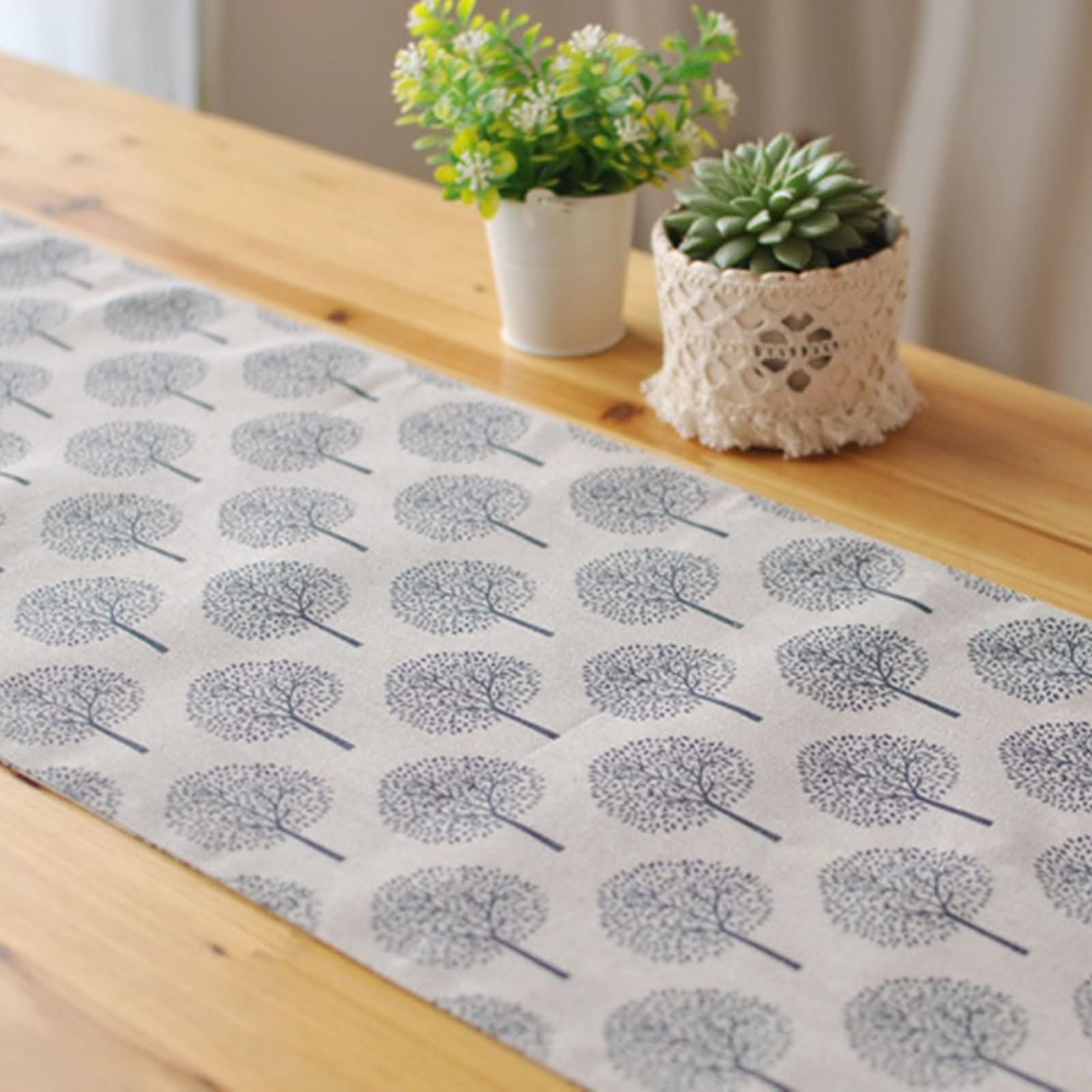 Tischläufer Modern Baumwollleinen, Tischläufer Landhausstil 30x200 cm, Baummuster mit Quasten